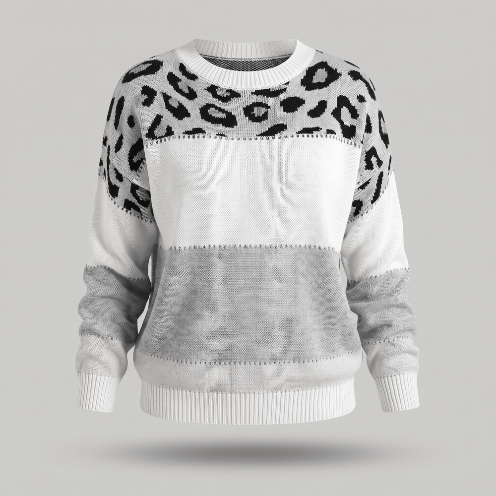 Leopard print color-block sweater with white, grey, and black and ribbed crew neck