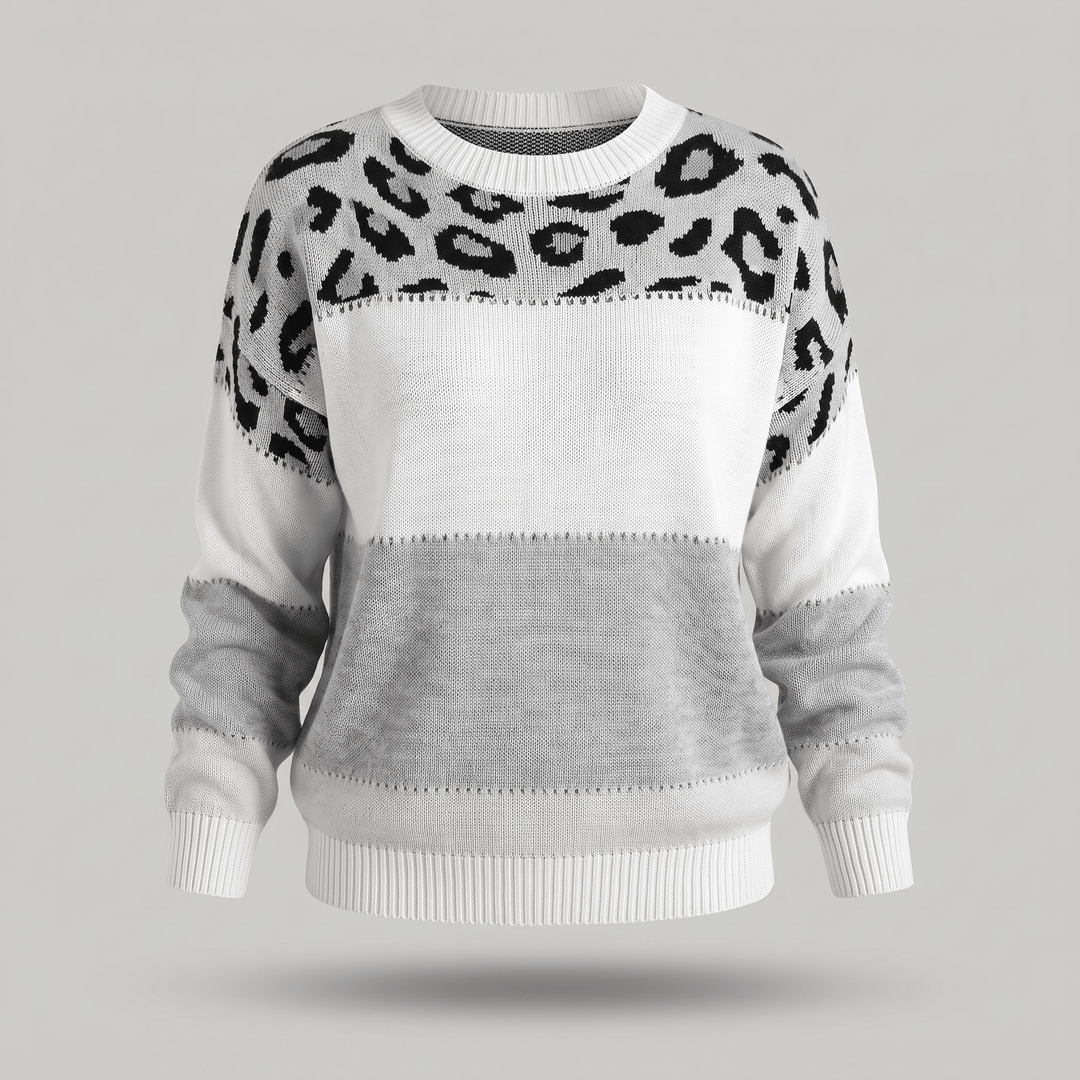 Leopard print color-block sweater with white, grey, and black and ribbed crew neck