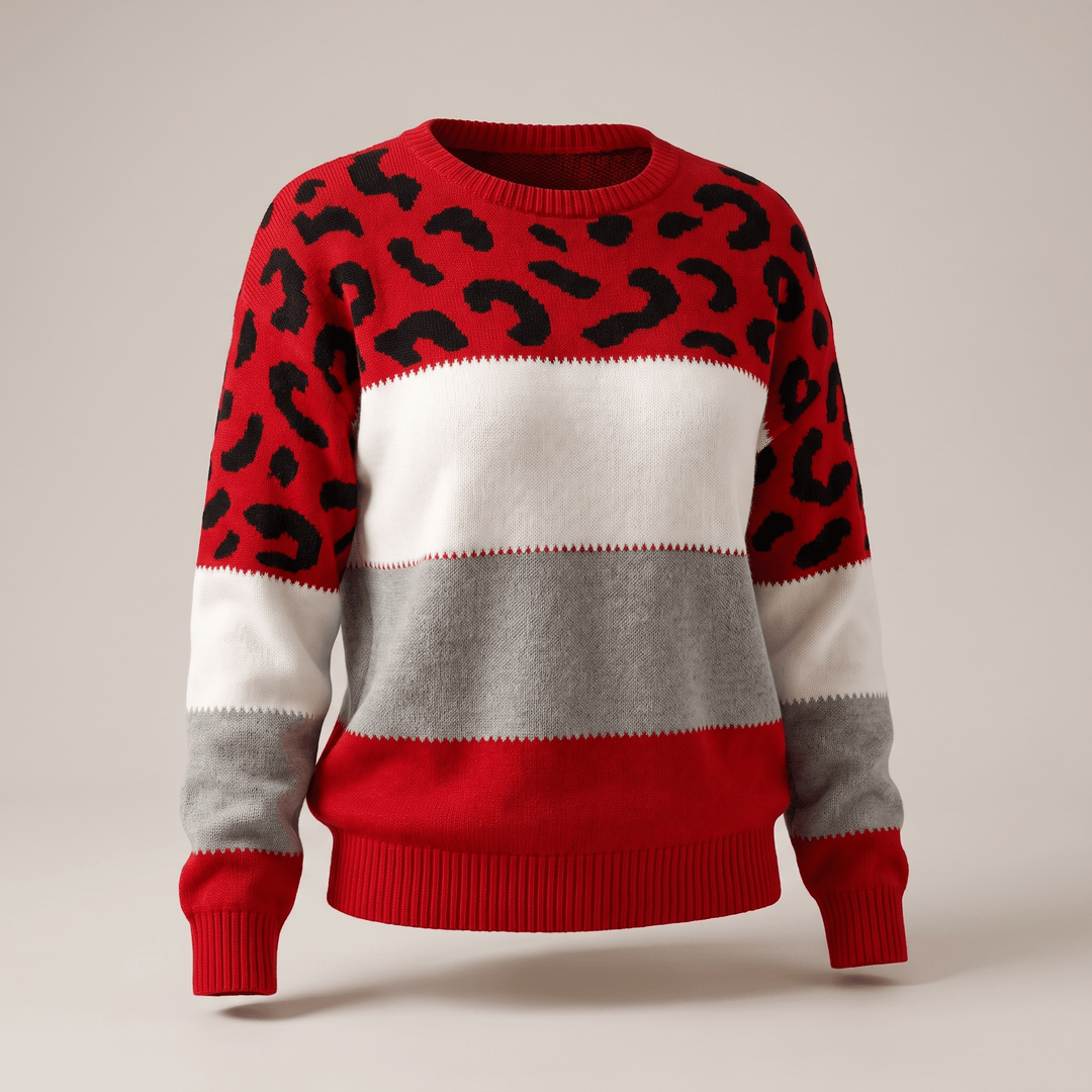 Red leopard print color-block sweater with black pattern, white stripe, and crew neck