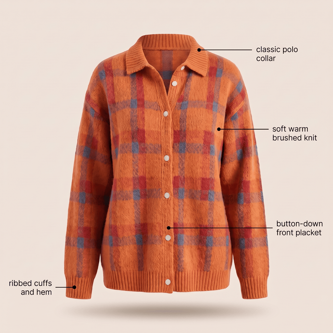 Orange and blue check polo-collar sweater with button-down front and ribbed cuffs