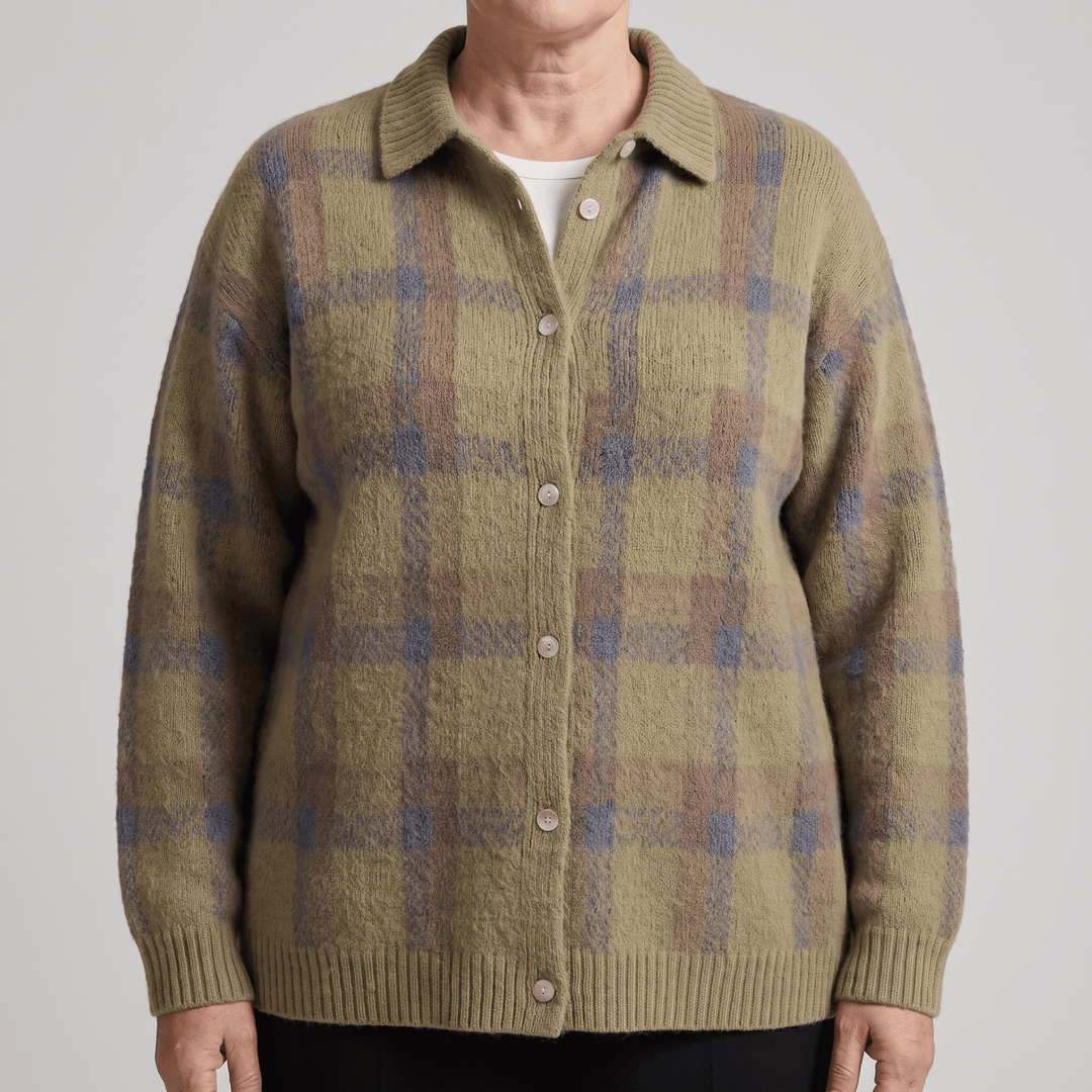 Olive and blue plaid button-front cardigan sweater with ribbed cuffs and hem
