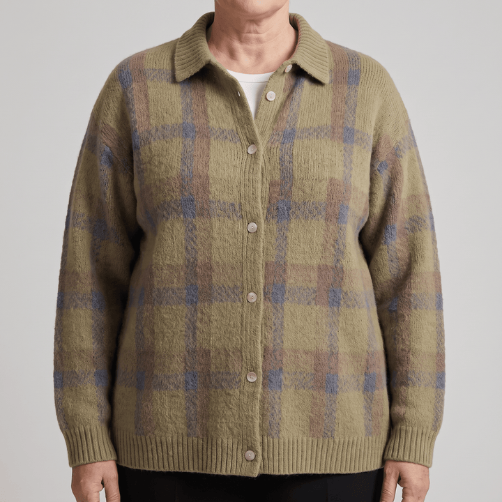 Olive and blue plaid button-front cardigan sweater with ribbed cuffs and hem