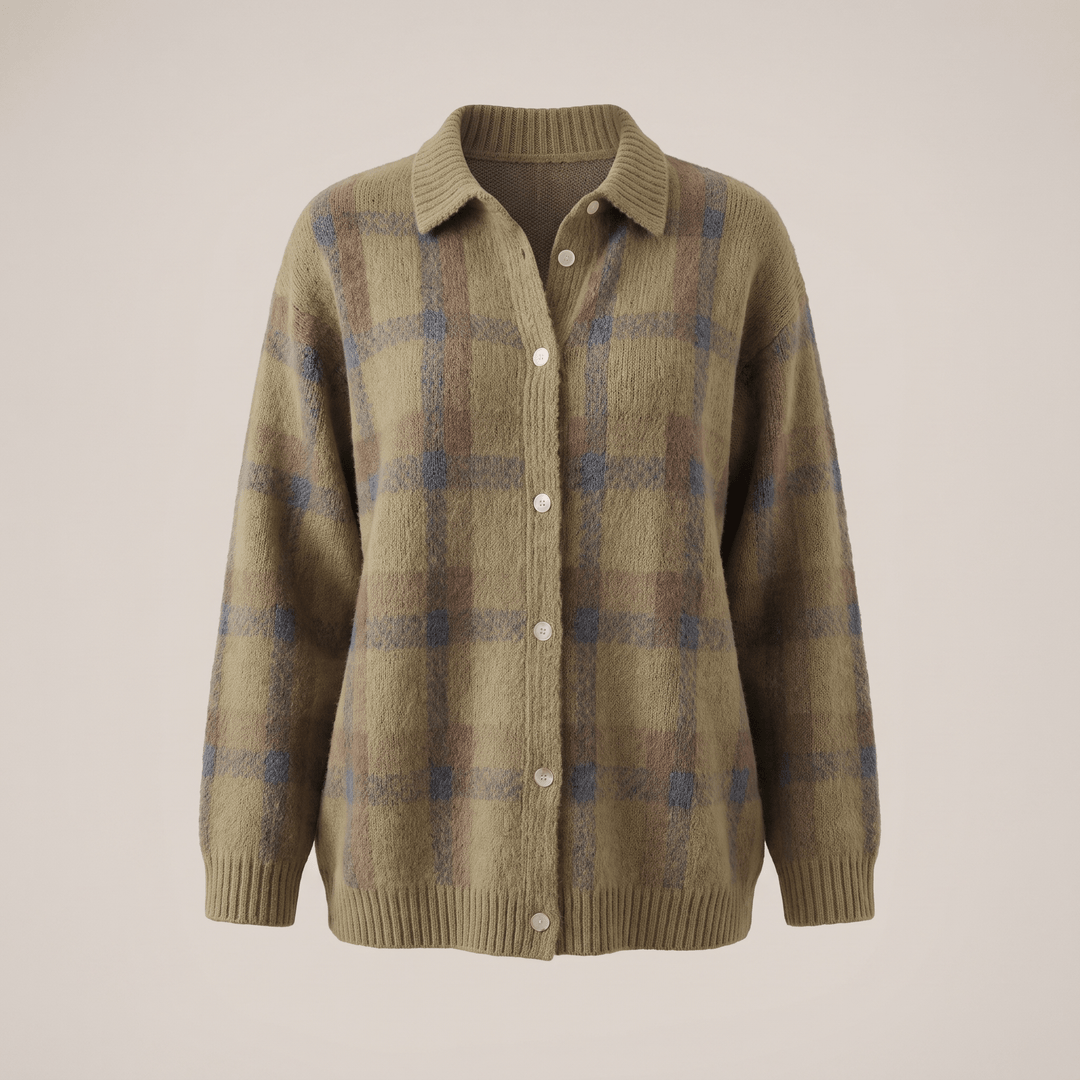 Olive and tan plaid button-front cardigan sweater with ribbed cuffs