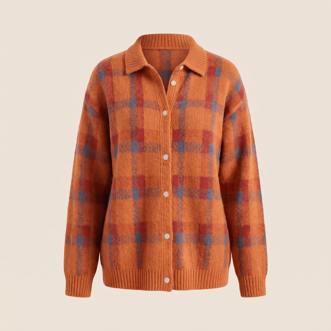 Orange plaid button-front cardigan sweater with spread collar and ribbed hem