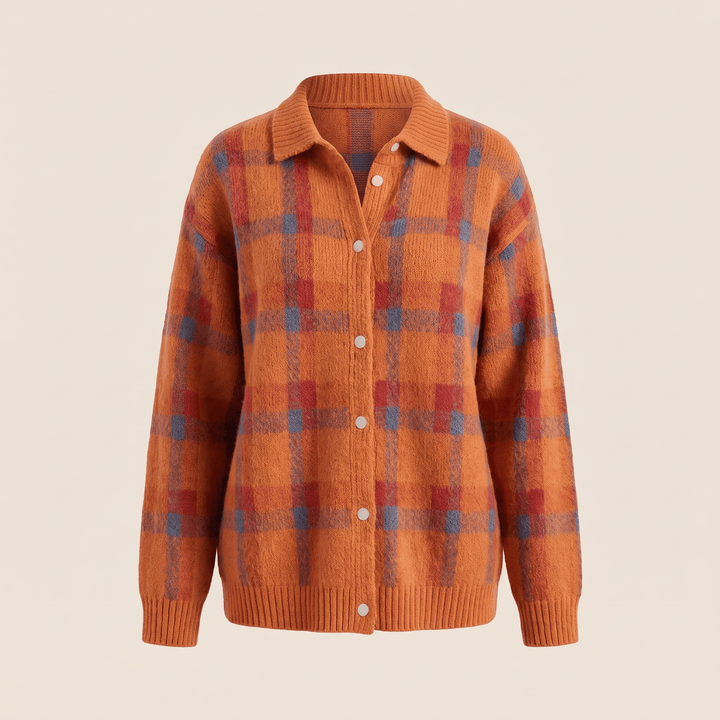 Orange plaid button-front cardigan sweater with spread collar and ribbed hem