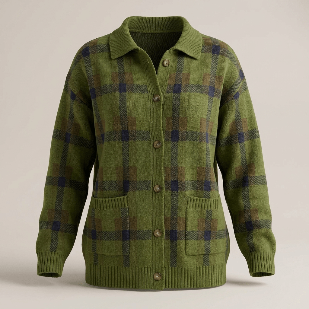 Green plaid button-front cardigan sweater with patch pockets and ribbed cuffs