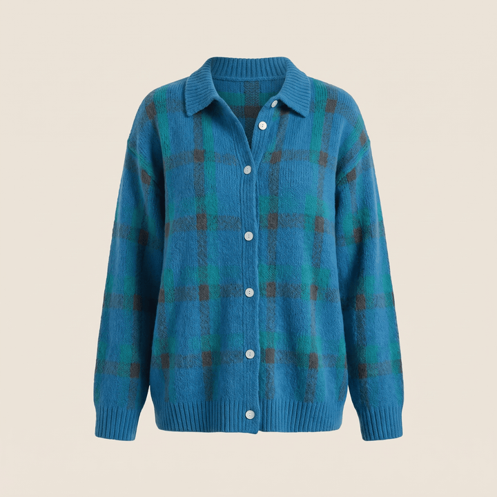 Teal and green plaid button-front cardigan sweater with ribbed cuffs and hem