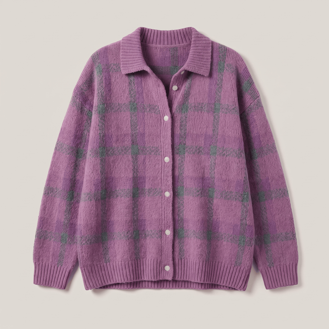 Lilac and green plaid button-front cardigan sweater with ribbed neckline