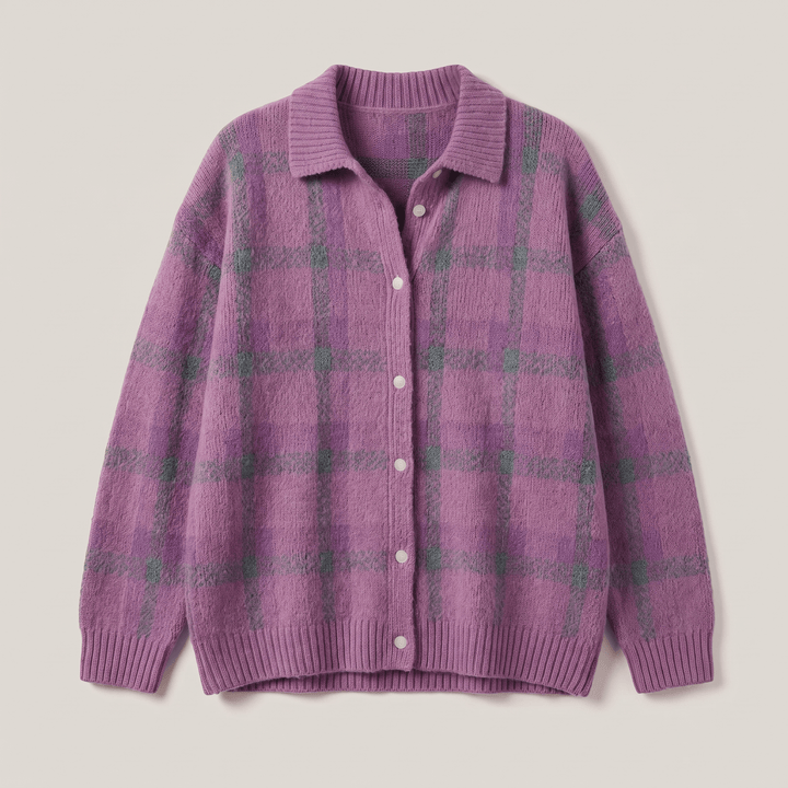 Lilac and green plaid button-front cardigan sweater with ribbed neckline