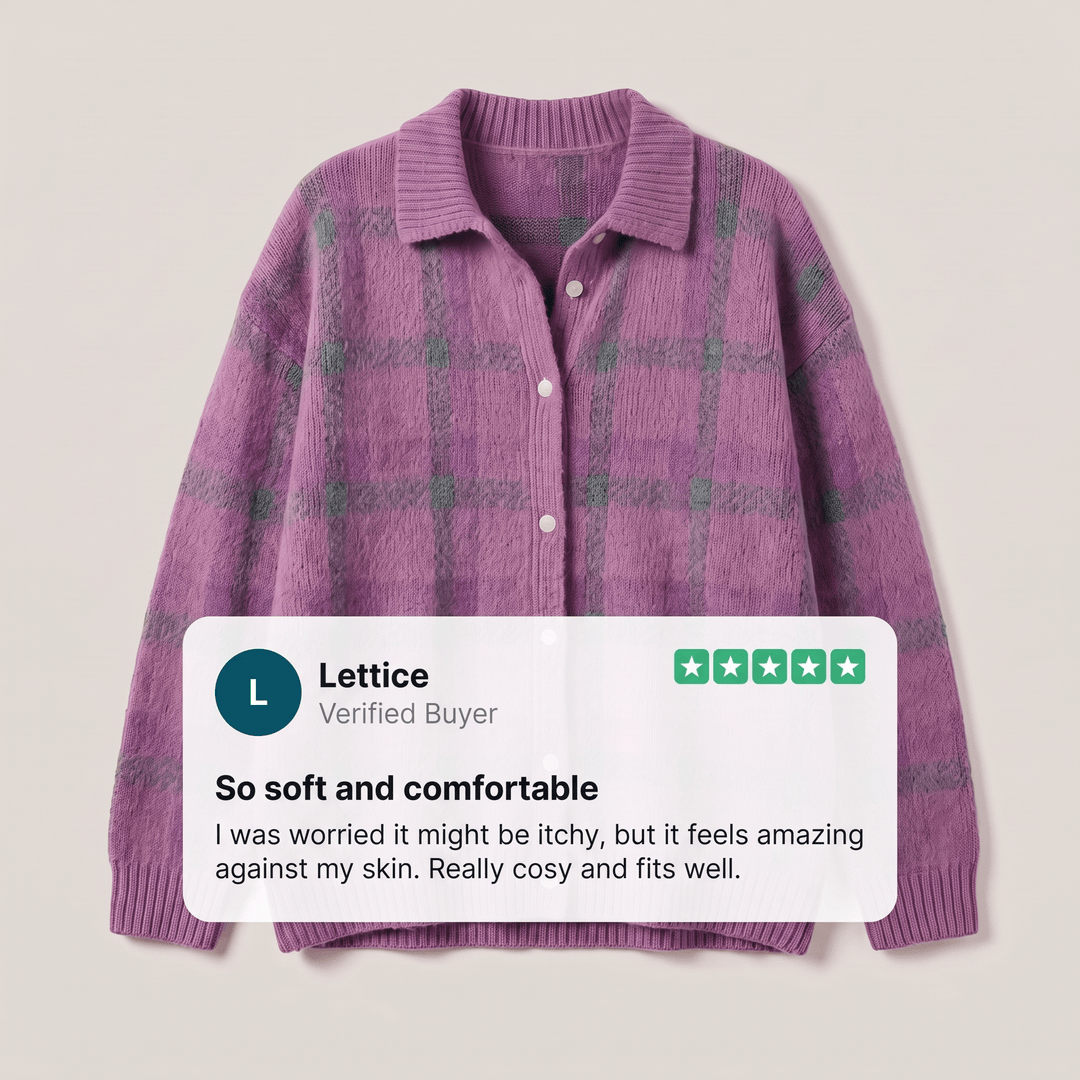Purple and green check button-front sweater with turn-down collar