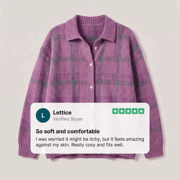 Purple and green check button-front sweater with turn-down collar