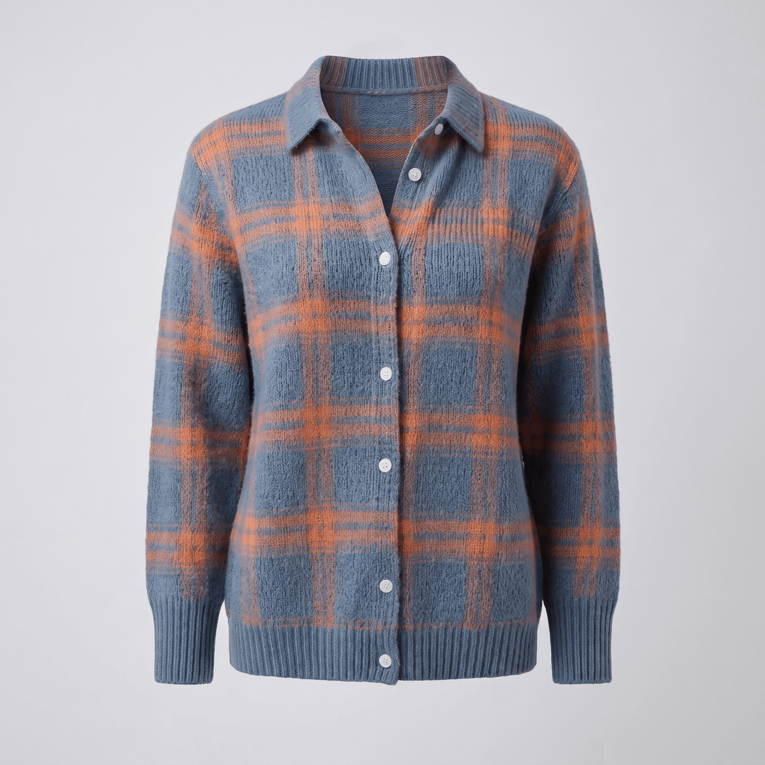 Blue and orange plaid button-front cardigan sweater with collared neckline