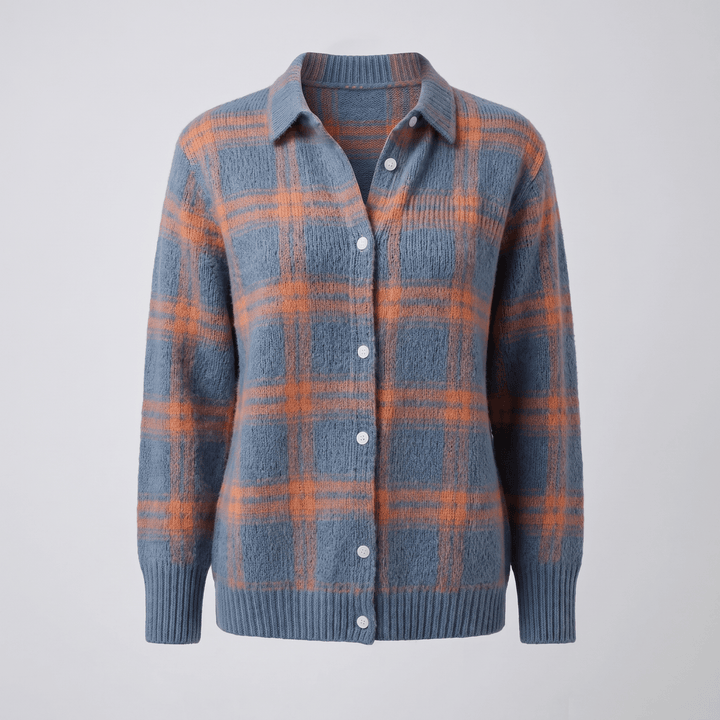 Blue and orange plaid button-front cardigan sweater with collared neckline