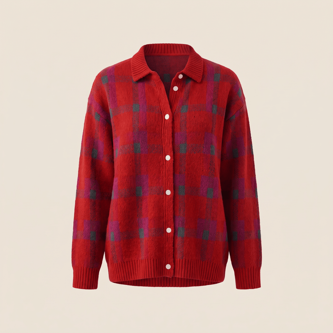 Red and dark plaid button-front cardigan sweater with ribbed collar