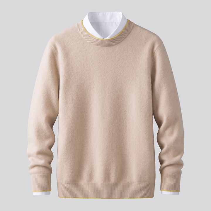 Light beige cashmere crewneck sweater with ribbed collar, cuffs, and hem