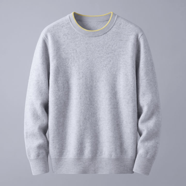 Light gray cashmere crewneck sweater with ribbed collar, cuffs, and hem