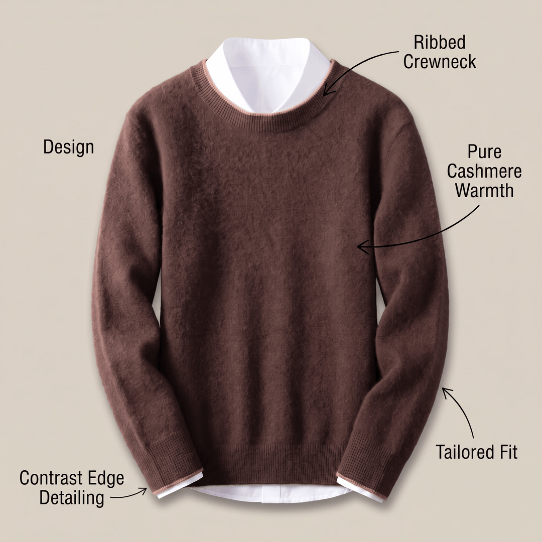 Brown cashmere crewneck sweater with contrast-like ribbed trim