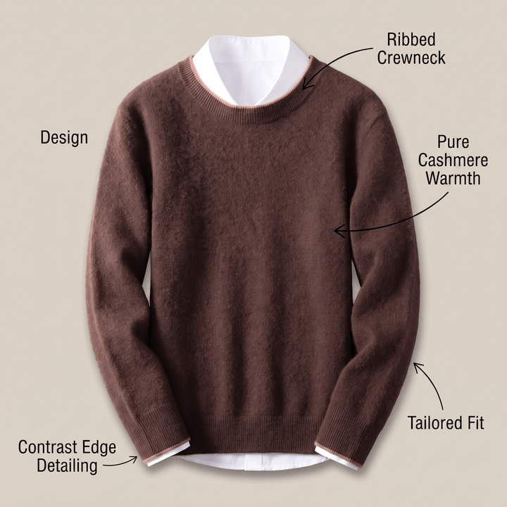 Brown cashmere crewneck sweater with contrast-like ribbed trim