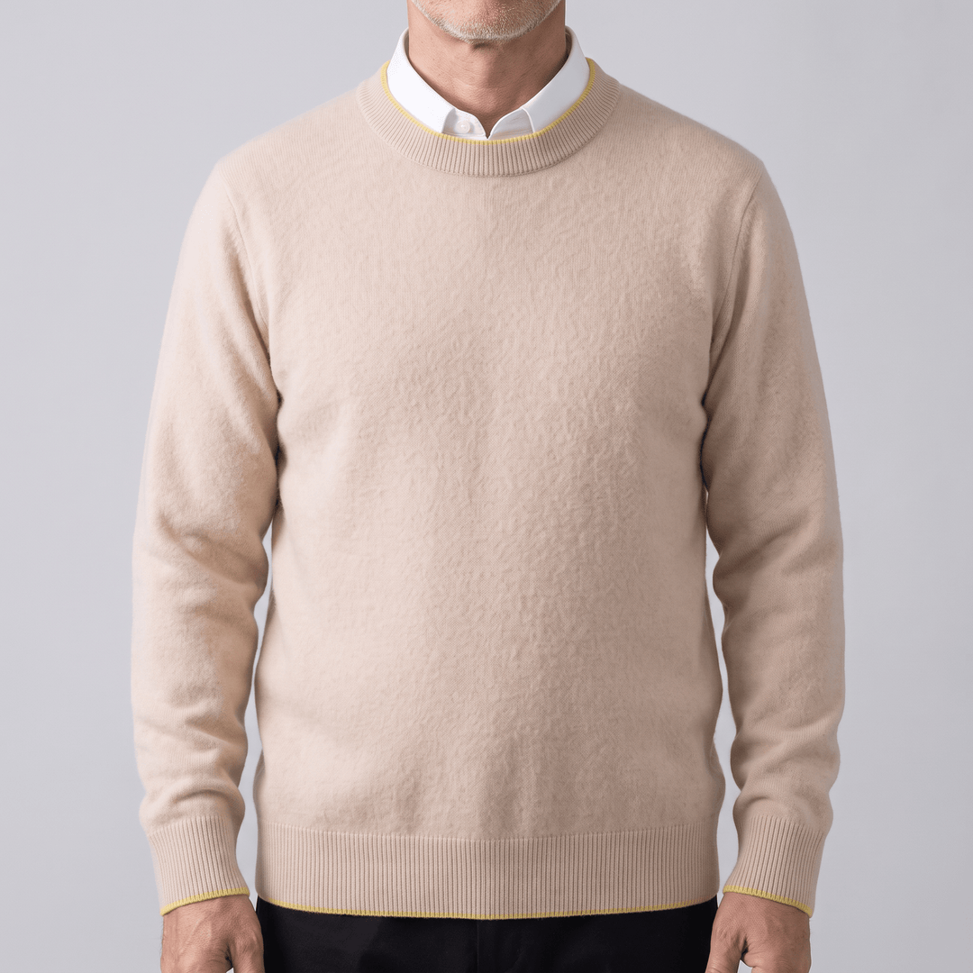 Beige cashmere crewneck sweater with ribbed collar, cuffs, and hem
