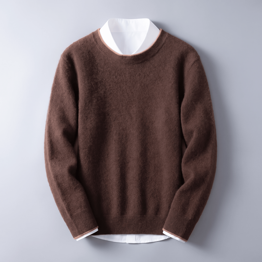 Coffee brown cashmere crewneck sweater with ribbed collar, cuffs, and hem