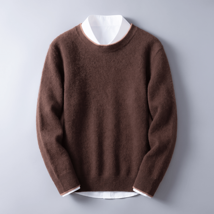 Coffee brown cashmere crewneck sweater with ribbed collar, cuffs, and hem