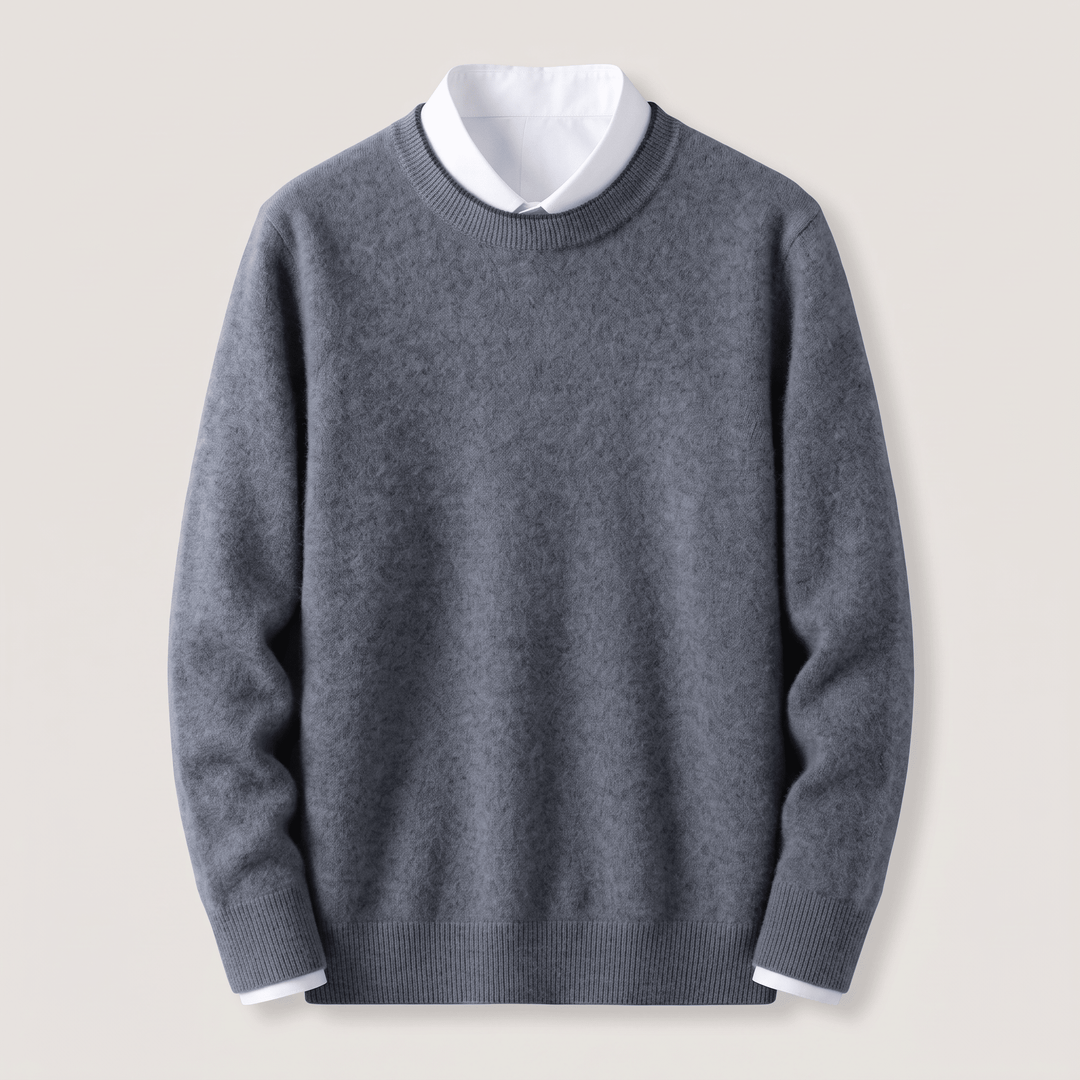 Dark gray cashmere crewneck sweater with ribbed collar, cuffs, and hem
