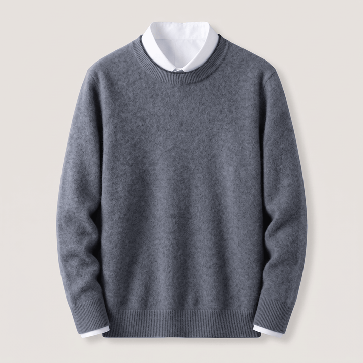 Dark gray cashmere crewneck sweater with ribbed collar, cuffs, and hem