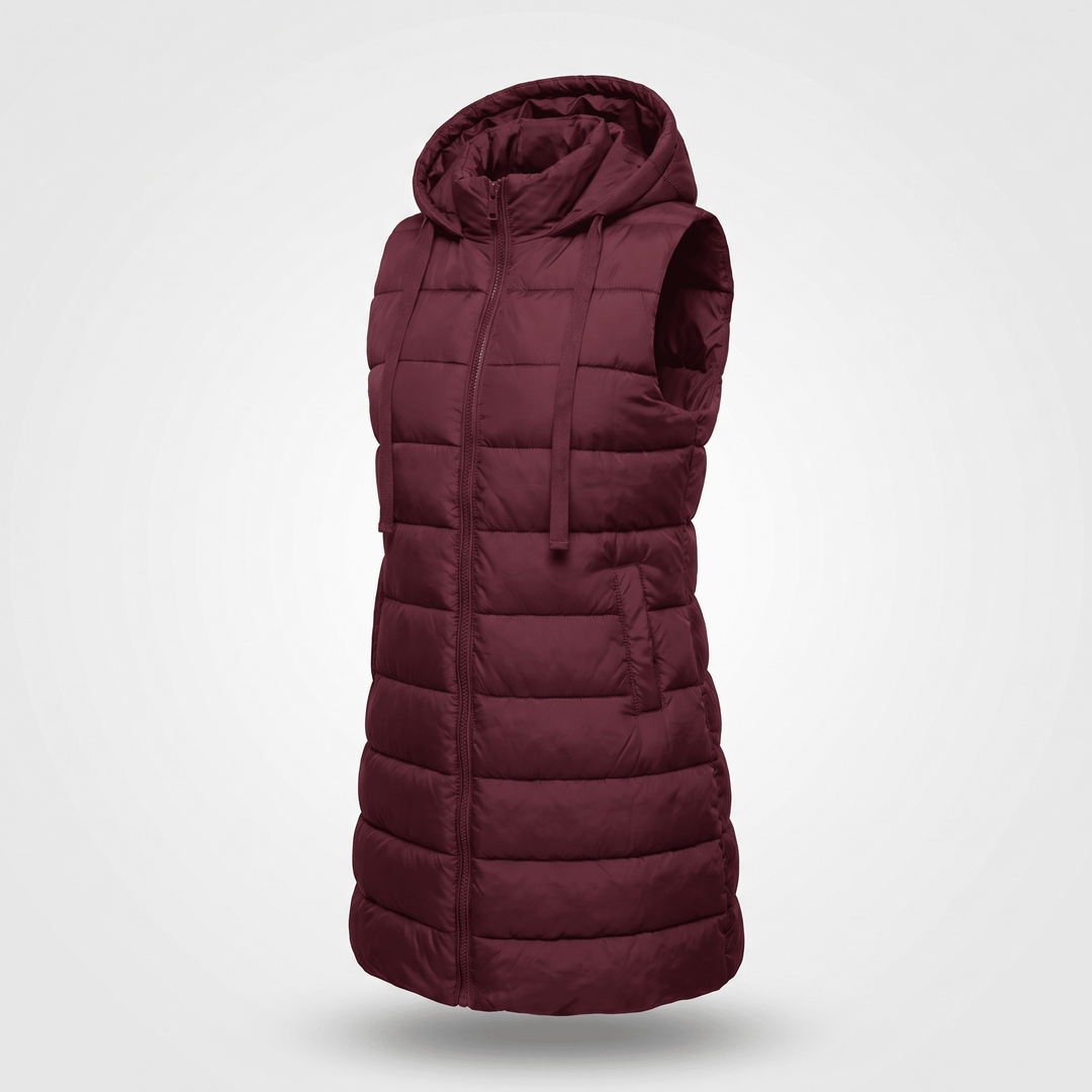 Burgundy long puffer vest with hood, full-zip front, and side pockets