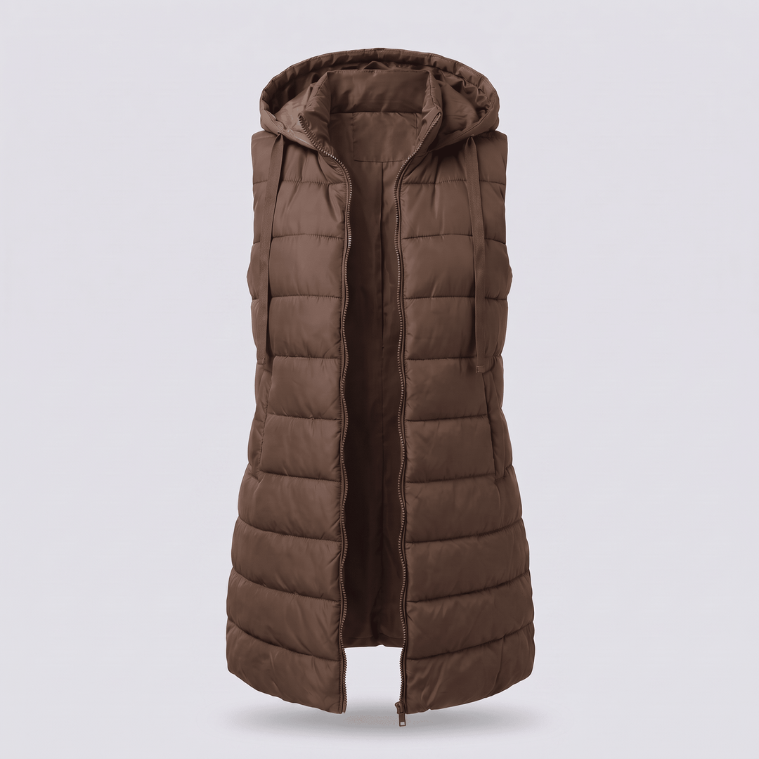 Brown long puffer vest with hood, full-zip front, and side pockets