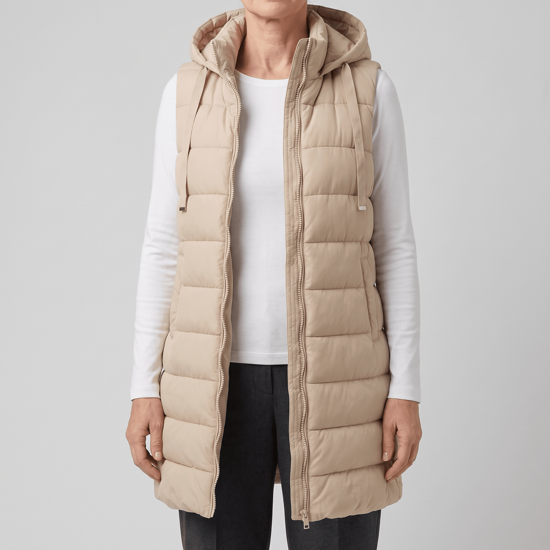 Tan long puffer vest with hood, full-zip front, and side pockets