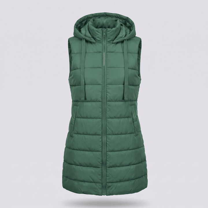 Green long puffer vest with hood, full-zip front, and side pockets