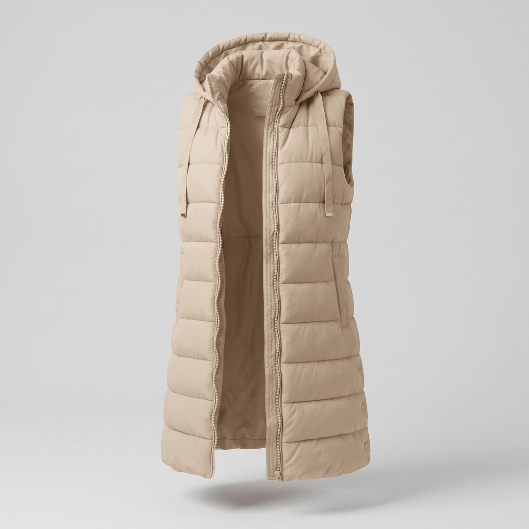 Beige long puffer vest with hood, full-zip front, and side pockets