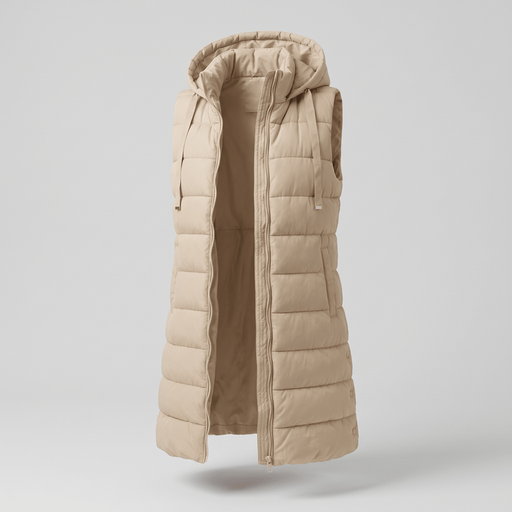 Beige long puffer vest with hood, full-zip front, and side pockets