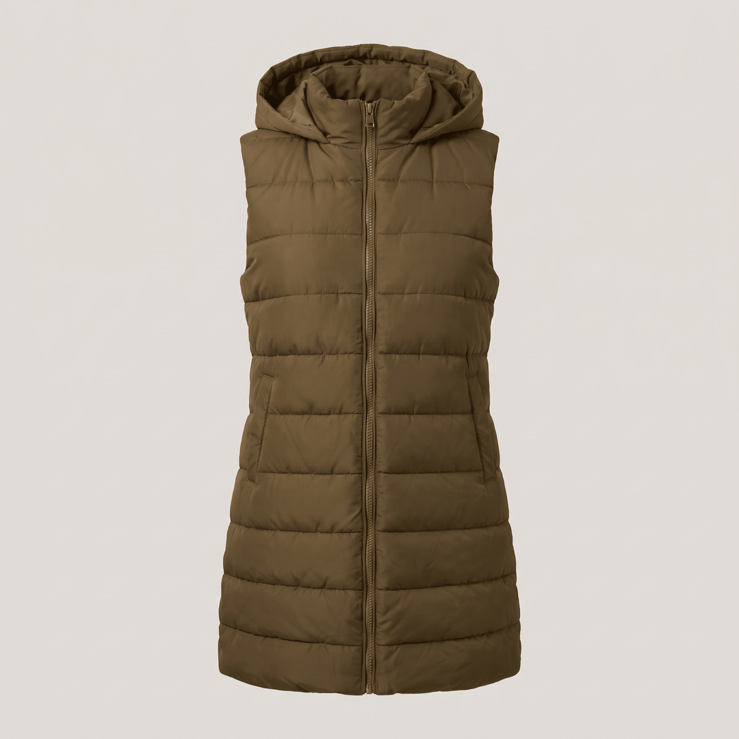 Olive long puffer vest with hood, full-zip front, and side pockets