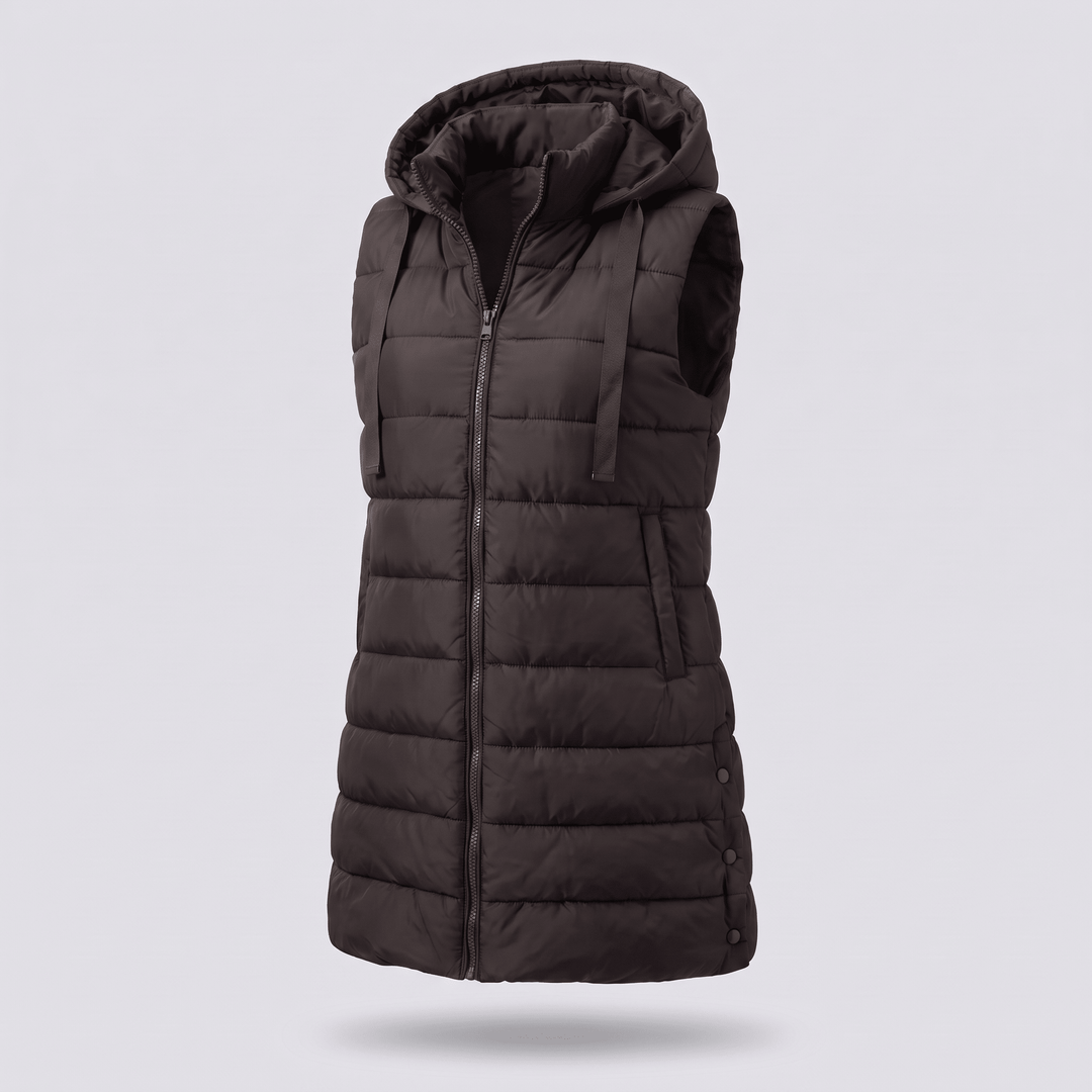 Dark charcoal long puffer vest with hood, full-zip front, and side pockets