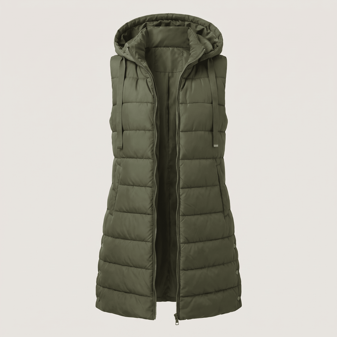 Dark green long puffer vest with hood, full-zip front, and side pockets