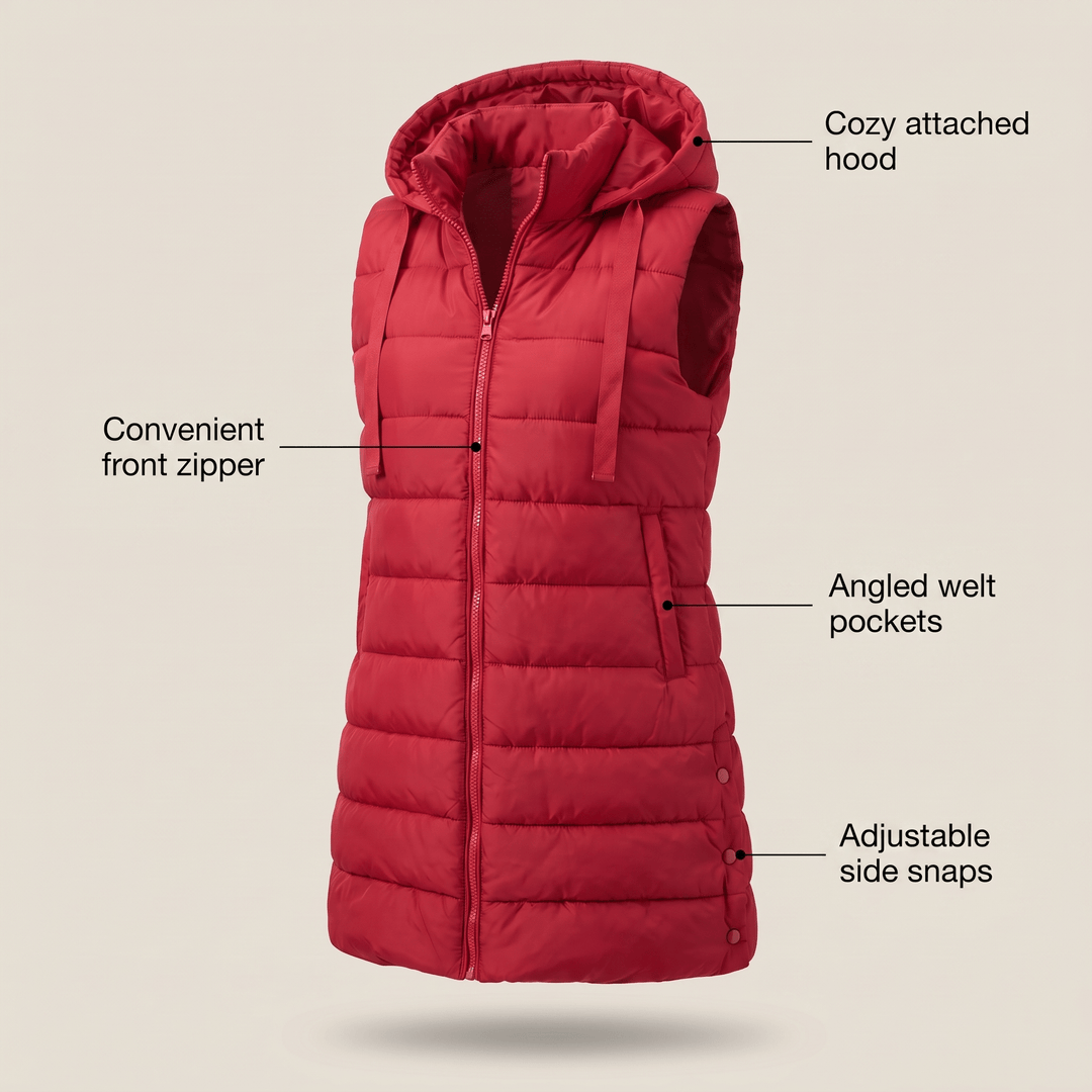 Long red puffer vest with attached hood, front zipper, welt pockets, side snap adjusters