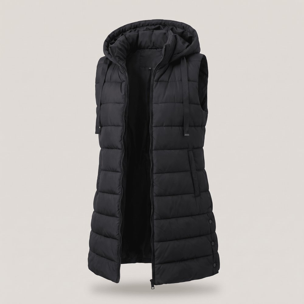 Black long puffer vest with hood, full-zip front, and side pockets