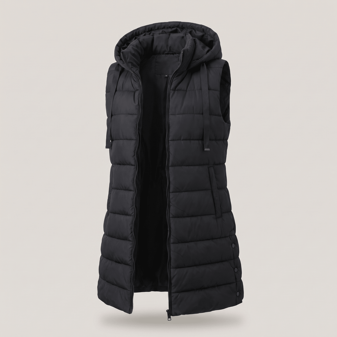Black long puffer vest with hood, full-zip front, and side pockets