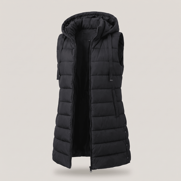 Black long puffer vest with hood, full-zip front, and side pockets