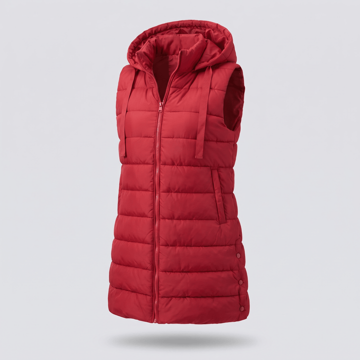 Red long puffer vest with hood, full-zip front, and side pockets